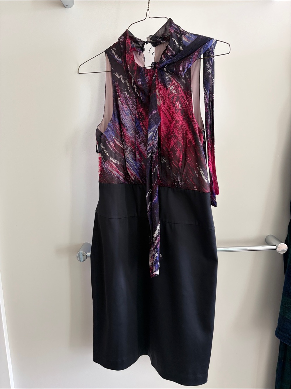 BCBGMaxAzria Black Midi Dress with Red and Purple Abstract Bodice